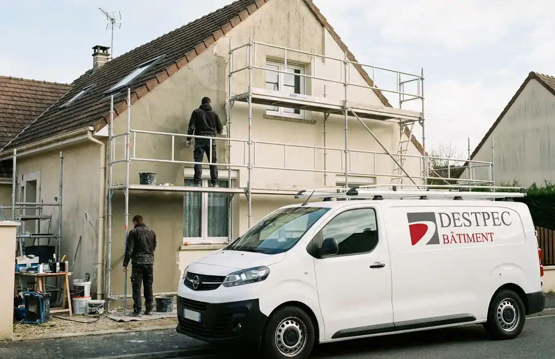 Deux ouvriers d'une entreprise de rénovation tous corps d'état à Étampes se tiennent sur un échafaudage, peignant l'extérieur d'une maison beige. Une camionnette de DESTPEC BÂTIMENT est garée devant la maison, avec du matériel de peinture éparpillé à proximité.